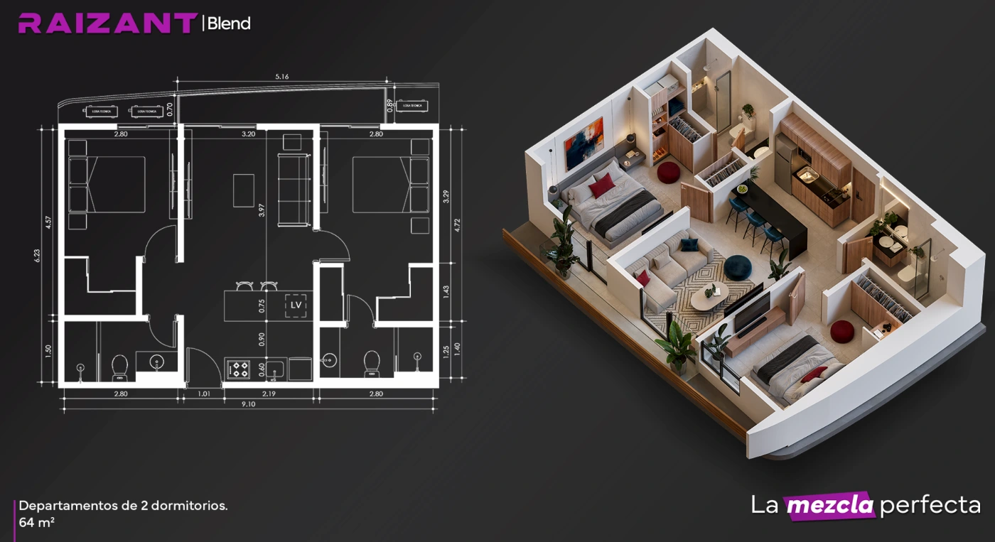 Plano del modelo 2D-64 de Raizant Blend